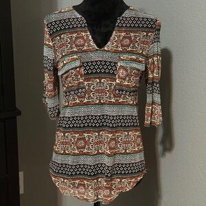 Boho Folk Print Tunic Top Womens‎ Small Earthy Indie Festival V Neck Blouse